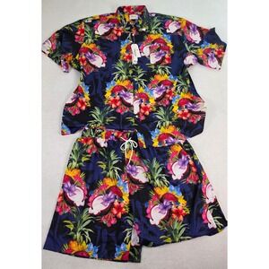 Tunevuse Mens 4XL 2pc Shirt Shorts Set Navy Tropical Floral NWT Regular‎ Fit Big